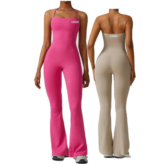Custom Logo Women Solid Color Flare Pants Gym Workout Romper Bodycon Sport Activewear One Piece Yoga Jumpsuit