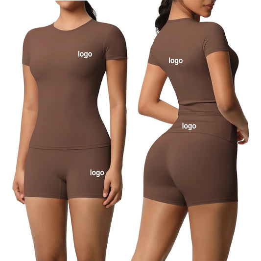 OEM Customization Sports Yoga Wear Set Stretch T-Shirt & Workout Shorts Two-Piece Set Women's Yoga Suit