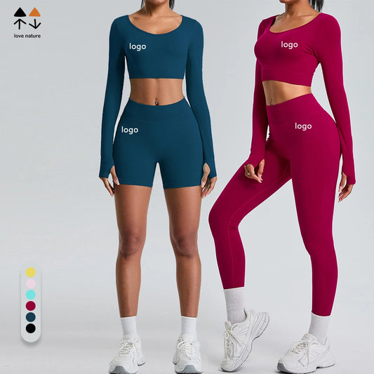 Custom Logo Active Wear Leggings Butt Lifting Shorts Crop Long Sleeve 2-piece Set Wholesale Gym Fitness Women Yoga Workout Suit